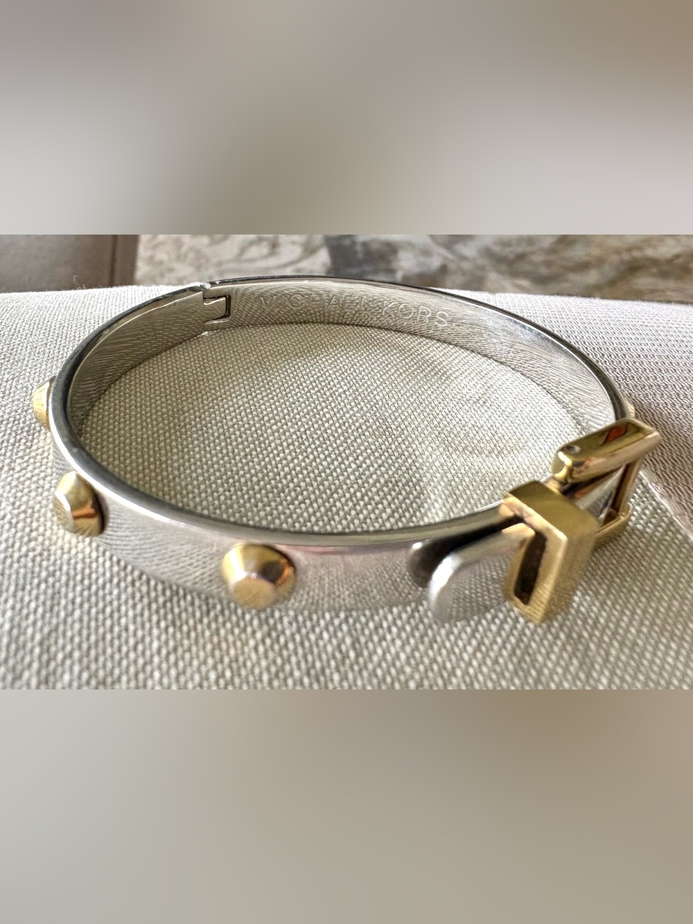 Michael Kors Two-Tone Silver and Gold Hinged Belt Buckle Bangle
